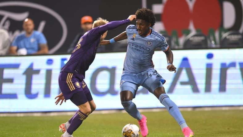 Sep 20, 2023; Queens, New York, USA; New York City FC forward Talles Magno (43) tries to get past Orlando City SC midfielder Dagur Dan Thorhallsson (23) during the second half at Citi Field. Mandatory Credit: John Jones-USA TODAY Sports