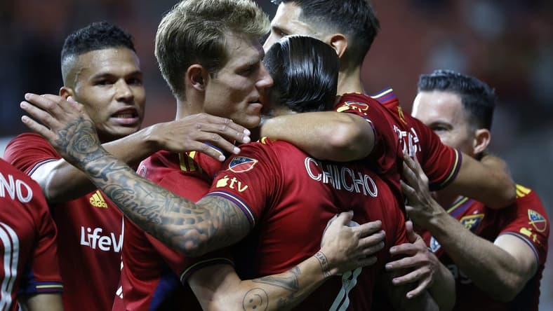 Sep 20, 2023; Sandy, Utah, USA; Real Salt Lake forward Chicho Arango (9) is congratulated after his first half goal against the FC Dallas at America First Field. Mandatory Credit: Jeff Swinger-USA TODAY Sports