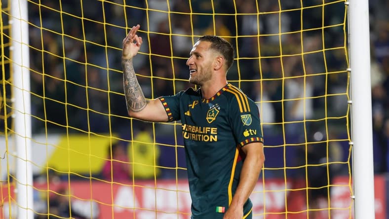Sep 20, 2023; Carson, California, USA; Los Angeles Galaxy forward Billy Sharp (27) reacts to scoring a goal during the second half against Minnesota United FC at Dignity Health Sports Park. Mandatory Credit: Kiyoshi Mio-USA TODAY Sports