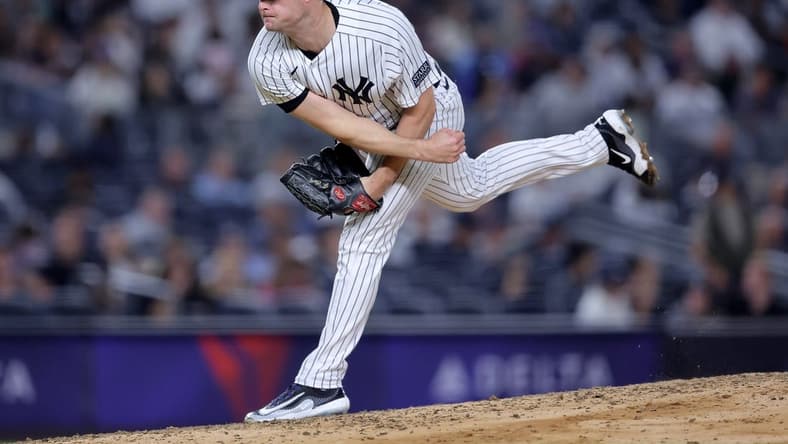 Sep 21, 2023; Bronx, New York, USA; New York Yankees starting pitcher Gerrit Cole (45) follows through on a pitch against the Toronto Blue Jays during the fifth inning at Yankee Stadium. Mandatory Credit: Brad Penner-USA TODAY Sports