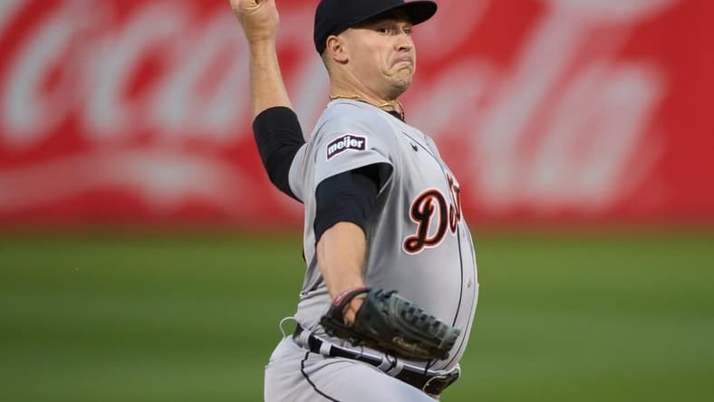 Sep 21, 2023; Oakland, California, USA; Detroit Tigers starting pitcher Tarik Skubal (29) throws a pitch against the Oakland Athletics during the first inning at Oakland-Alameda County Coliseum. Mandatory Credit: Robert Edwards-USA TODAY Sports