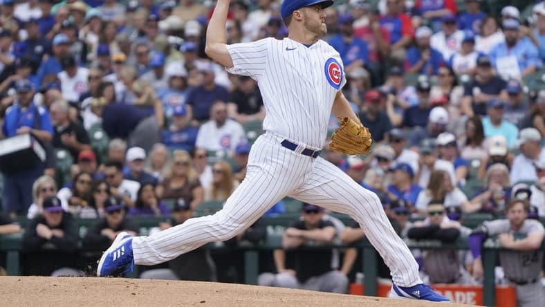 Sep 22, 2023; Chicago, Illinois, USA; Chicago Cubs starting pitcher Jameson Taillon (50) throws the ball against the Colorado Rockies during the first inning at Wrigley Field. Mandatory Credit: David Banks-USA TODAY Sports