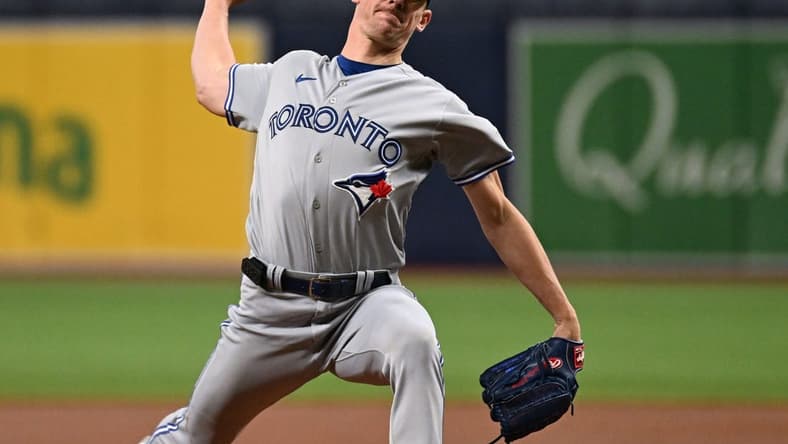 Sep 22, 2023; St. Petersburg, Florida, USA; Toronto Blue Jays pitcher Chris Bassitt (40) throws a pitch in the first inning against the Tampa Bay Rays  at Tropicana Field. Mandatory Credit: Jonathan Dyer-USA TODAY Sports