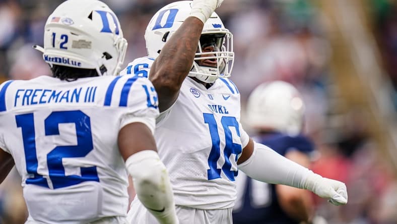 Sep 23, 2023; East Hartford, Connecticut, USA; Duke Blue Devils defensive tackle Aeneas Peebles (16) reacts after sacking UConn Huskies quarterback Ta'Quan Roberson (6) (not pictured) in the second quarter at Rentschler Field at Pratt & Whitney Stadium. Mandatory Credit: David Butler II-USA TODAY Sports
