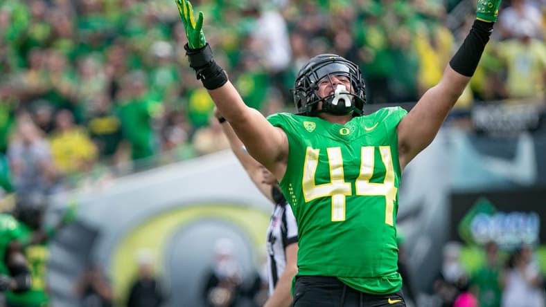 Oregon outside linebacker Teitum Tuioti celebrates a sack as the Oregon Ducks host Colorado in the Pac-12 opener Saturday, Sept. 23, 2023, at Autzen Stadium in Eugene, Ore.