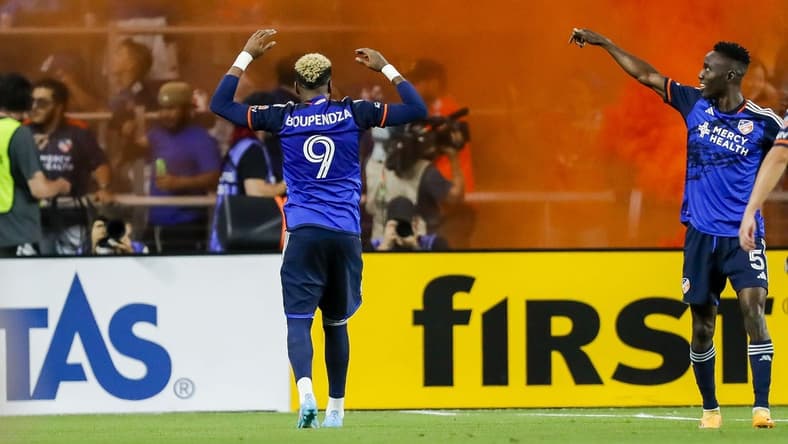 Sep 23, 2023; Cincinnati, Ohio, USA; FC Cincinnati forward Aaron Boupendza (9) reacts after scoring a goal against Charlotte FC in the second half at TQL Stadium. Mandatory Credit: Katie Stratman-USA TODAY Sports
