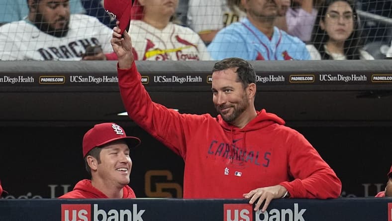 Sep 23, 2023; San Diego, California, USA; St. Louis Cardinals pitcher Adam Wainwright (50) waves to the crowd after being recognized for his upcoming retirement during the fourth inning against the San Diego Padres at Petco Park. Mandatory Credit: Ray Acevedo-USA TODAY Sports