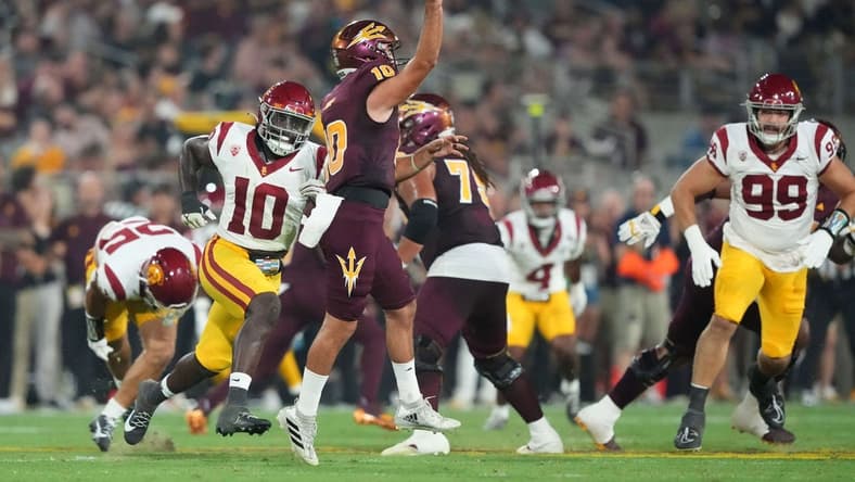 Sep 23, 2023; Tempe, Arizona, USA; Arizona State Sun Devils quarterback Drew Pyne (10) throws against the USC Trojans during the second half at Mountain America Stadium, Home of the ASU Sun Devils. Mandatory Credit: Joe Camporeale-USA TODAY Sports