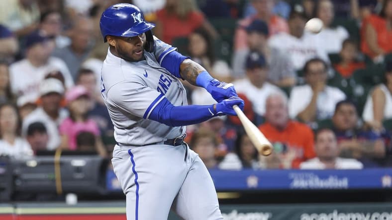 Sep 24, 2023; Houston, Texas, USA; Kansas City Royals right fielder Nelson Velazquez (17) hits a home run during the second inning against the Houston Astros at Minute Maid Park. Mandatory Credit: Troy Taormina-USA TODAY Sports