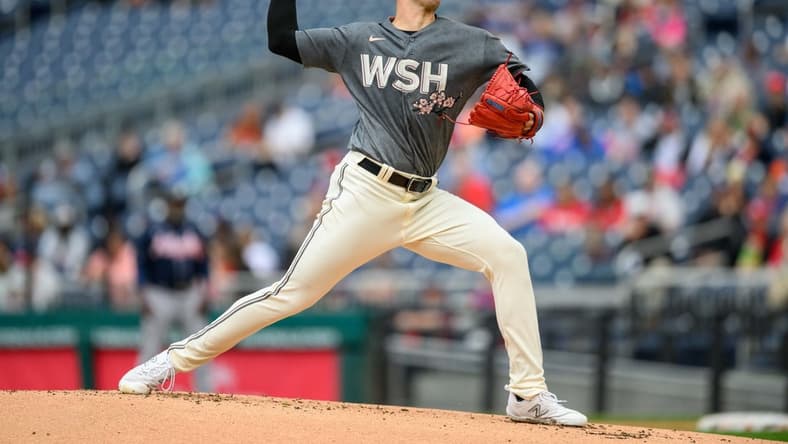 Sep 24, 2023; Washington, District of Columbia, USA; Washington Nationals starting pitcher Jackson Rutledge (79) throws a pitch during the second inning against the Atlanta Braves at Nationals Park. Mandatory Credit: Reggie Hildred-USA TODAY Sports