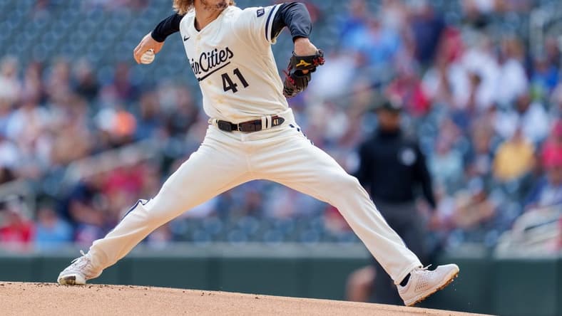 Sep 24, 2023; Minneapolis, Minnesota, USA; Minnesota Twins starting pitcher Joe Ryan (41) pitches to the Los Angeles Angels in the first inning at Target Field. Mandatory Credit: Matt Blewett-USA TODAY Sports