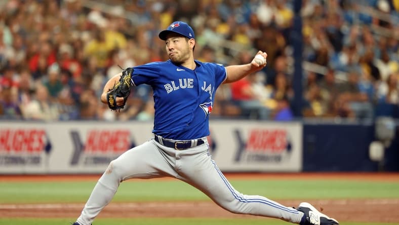 Sep 24, 2023; St. Petersburg, Florida, USA; Toronto Blue Jays starting pitcher Yusei Kikuchi (16) throws a pitch against the Tampa Bay Rays during the second inning at Tropicana Field. Mandatory Credit: Kim Klement Neitzel-USA TODAY Sports
