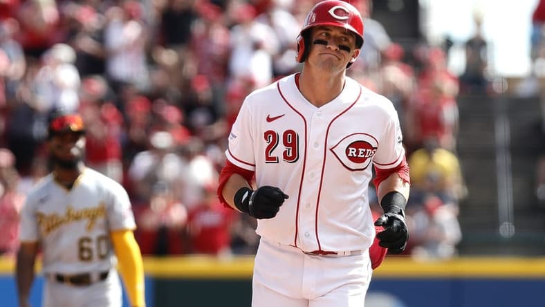 Sep 24, 2023; Cincinnati, Ohio, USA; Cincinnati Reds center fielder TJ Friedl (29) runs the bases after hitting a two-run home run against the Pittsburgh Pirates during the sixth inning at Great American Ball Park. Mandatory Credit: David Kohl-USA TODAY Sports