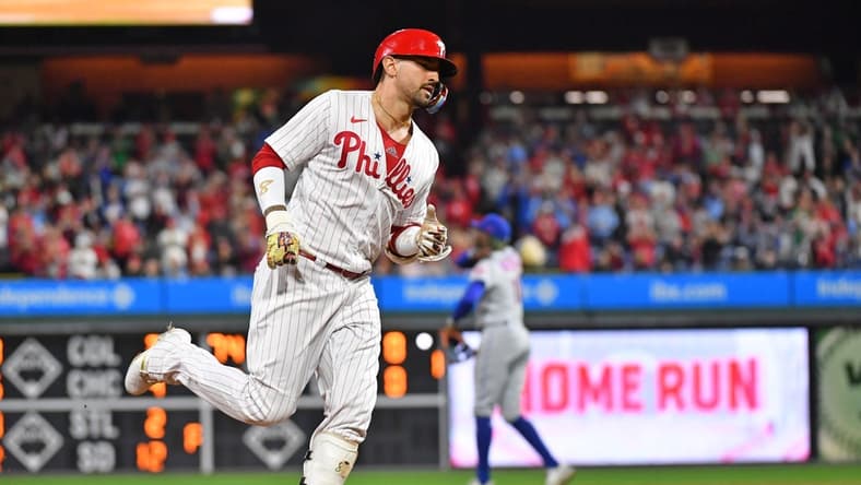 Sep 24, 2023; Philadelphia, Pennsylvania, USA; Philadelphia Phillies right fielder Nick Castellanos (8) runs the bases after hitting a home run against the New York Mets during the fourth inning at Citizens Bank Park. Mandatory Credit: Eric Hartline-USA TODAY Sports