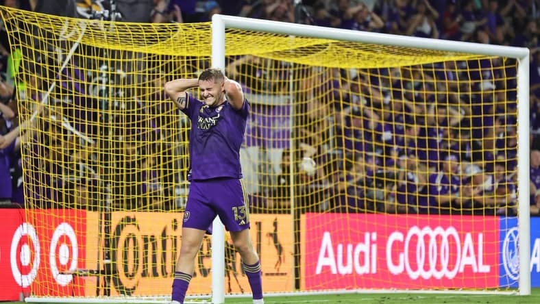 Sep 24, 2023; Orlando, Florida, USA; Orlando City forward Duncan McGuire (13) reacts during the first half against Inter Miami CF at Exploria Stadium. Mandatory Credit: Cory Knowlton-USA TODAY Sports