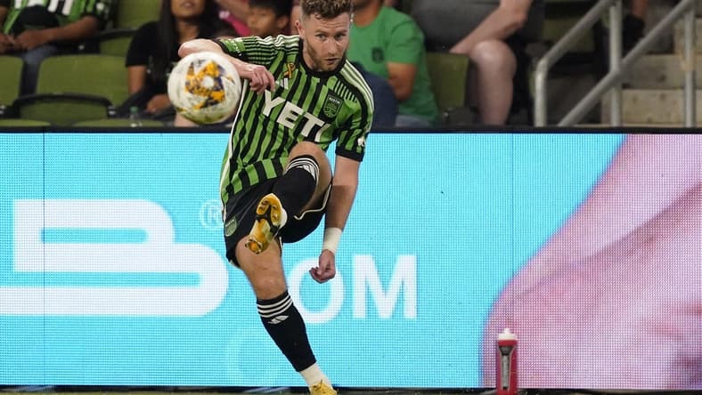 Sep 24, 2023; Austin, Texas, USA; Austin FC forward Jon Gallagher (17) kicks the ball against the Los Angeles Galaxy during the first half at Q2 Stadium. Mandatory Credit: Scott Wachter-USA TODAY Sports