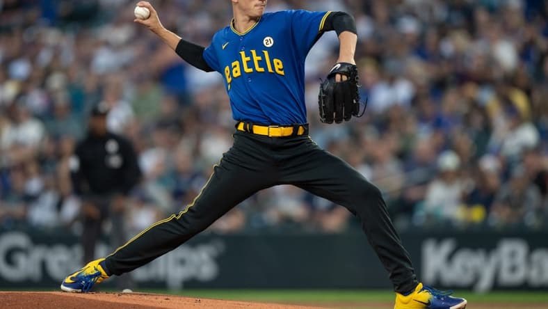 Sep 15, 2023; Seattle, Washington, USA; Seattle Mariners starter George Kirby (68) delivers a pitch against the Los Angeles Dodgers at T-Mobile Park. Mandatory Credit: Stephen Brashear-USA TODAY Sports