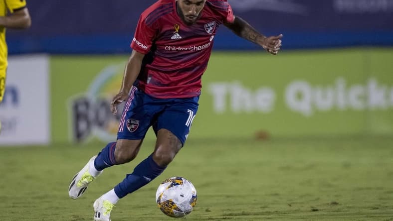 Sep 23, 2023; Frisco, Texas, USA; FC Dallas forward Jesus Ferreira (10) in action during the game between FC Dallas and the Columbus Crew at Toyota Stadium. Mandatory Credit: Jerome Miron-USA TODAY Sports