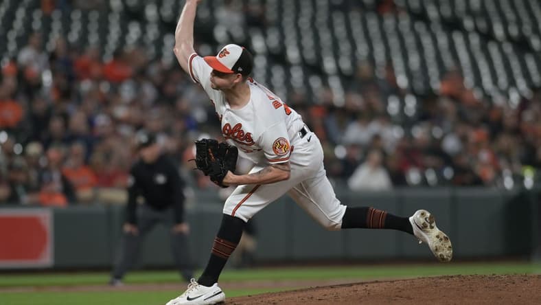 Sep 26, 2023; Baltimore, Maryland, USA;  Baltimore Orioles starting pitcher Kyle Bradish (39) throws a second inning pitch against the Washington Nationals at Oriole Park at Camden Yards. Mandatory Credit: Tommy Gilligan-USA TODAY Sports