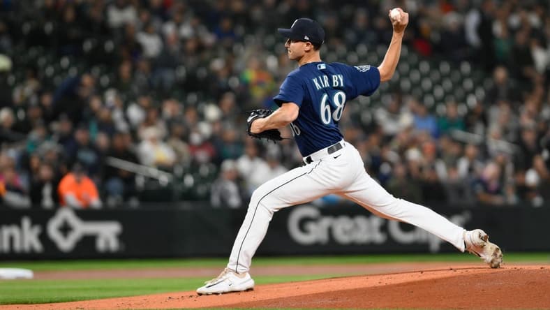 Sep 26, 2023; Seattle, Washington, USA; Seattle Mariners starting pitcher George Kirby (68) pitches to the Houston Astros during the first inning at T-Mobile Park. Mandatory Credit: Steven Bisig-USA TODAY Sports