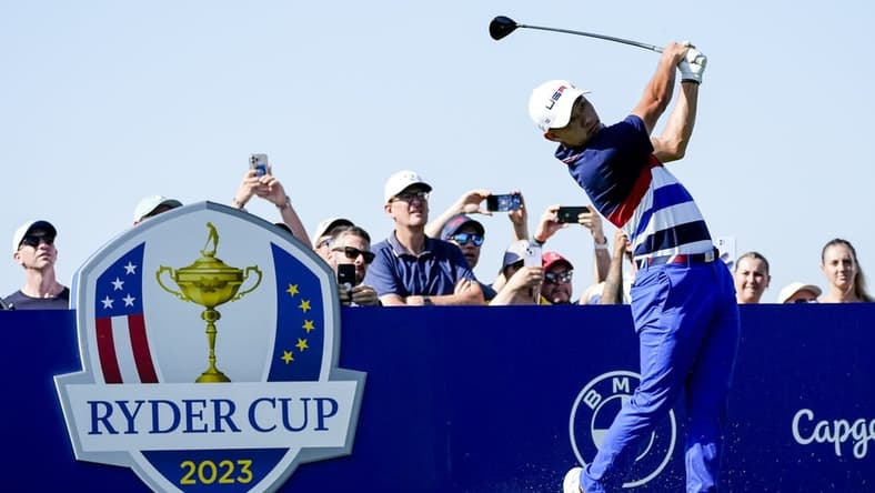 Sep 27, 2023; Rome, ITA; Team USA golfer Collin Morikawa tees off on the third hole during a practice day for the Ryder Cup golf competition at Marco Simone Golf and Country Club. Mandatory Credit: Adam Cairns-USA TODAY Sports