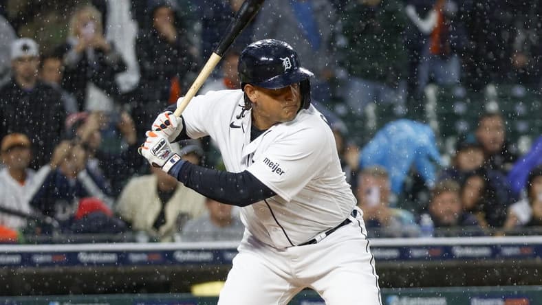 Sep 27, 2023; Detroit, Michigan, USA; Detroit Tigers designated hitter Miguel Cabrera (24) prepares to swing during an at bat in the second inning at Comerica Park. Mandatory Credit: Brian Bradshaw Sevald-USA TODAY Sports