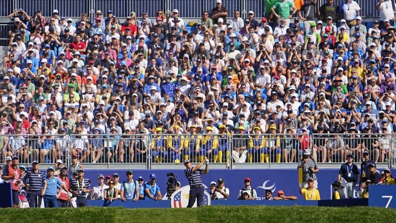Sep 29, 2023; Rome, ITA; Team USA golfer Jordan Spieth tees off on the seventh hole during day one fourballs round for the 44th Ryder Cup golf competition at Marco Simone Golf and Country Club. Mandatory Credit: Adam Cairns-USA TODAY Sports