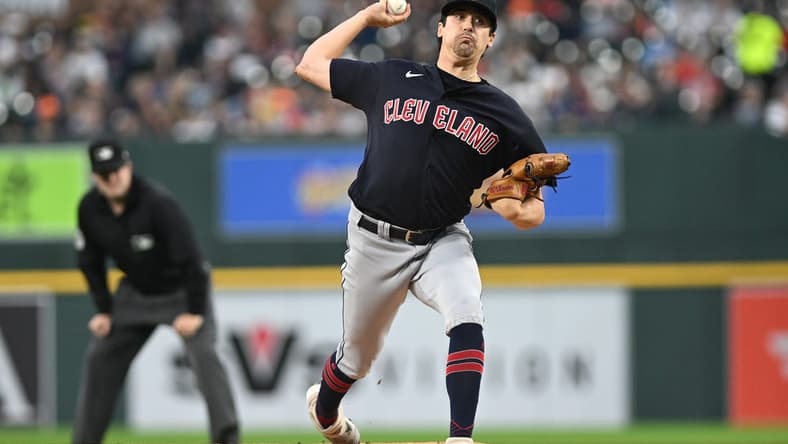 Sep 29, 2023; Detroit, Michigan, USA; Cleveland Guardians starting pitcher Cal Quantrill (47) throws a pitch against the Detroit Tigers in the second inning at Comerica Park. Mandatory Credit: Lon Horwedel-USA TODAY Sports