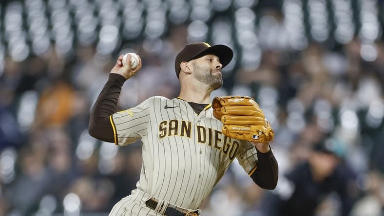 Sep 29, 2023; Chicago, Illinois, USA; San Diego Padres starting pitcher Nick Martinez (21) delivers a pitch against the Chicago White Sox during the first inning at Guaranteed Rate Field. Mandatory Credit: Kamil Krzaczynski-USA TODAY Sports