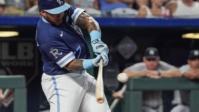 Sep 29, 2023; Kansas City, Missouri, USA; Kansas City Royals right fielder Nelson Velazquez (17) singles against the New York Yankees in the first inning at Kauffman Stadium. Mandatory Credit: Denny Medley-USA TODAY Sports