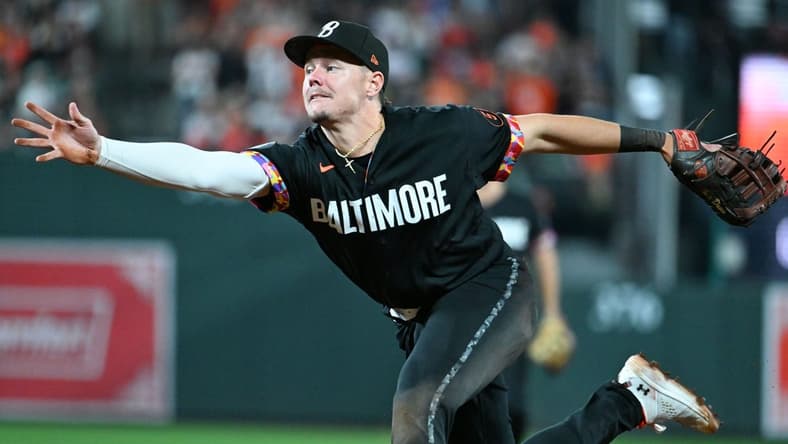 Sep 29, 2023; Baltimore, Maryland, USA; Baltimore Orioles first baseman Ryan Mountcastle (6) loses to first base during the ninth inning Boston Red Sox at Oriole Park at Camden Yards. Mandatory Credit: Tommy Gilligan-USA TODAY Sports