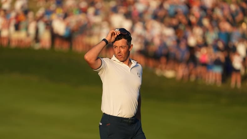 Sep 30, 2023; Rome, ITALY;  Team Europe golfer Rory McIlroy on the 16th green during day two fourballs round for the 44th Ryder Cup golf competition at Marco Simone Golf and Country Club. Mandatory Credit: Kyle Terada-USA TODAY Sports