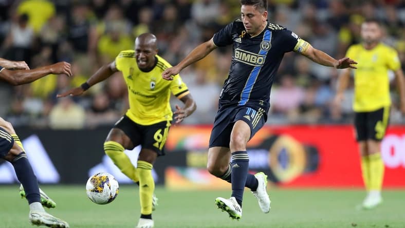 Sep 30, 2023; Columbus, Ohio, USA; Philadelphia Union midfielder Alejandro Bedoya (11) goes for the ball during the first half against the Columbus Crew at Lower.com Field. Mandatory Credit: Joseph Maiorana-USA TODAY Sports