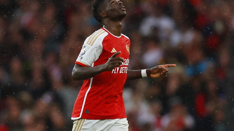 Arsenal's Bukayo Saka celebrates scoring in a match on Aug. 26, 2023.
