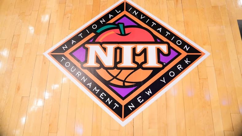 Mar 31, 2022; New York, New York, USA; A general view of the NIT logo during the first half of the NIT college basketball finals between the Xavier Musketeers and the Texas A&M Aggies at Madison Square Garden. Mandatory Credit: Gregory Fisher-USA TODAY Sports
