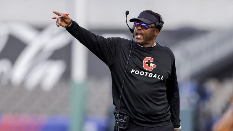 Apr 30, 2022; Birmingham, AL, USA; Houston Gamblers head coach Kevin Sumlin argues with the referees during the first half at Protective Stadium. Mandatory Credit: Vasha Hunt-USA TODAY Sports