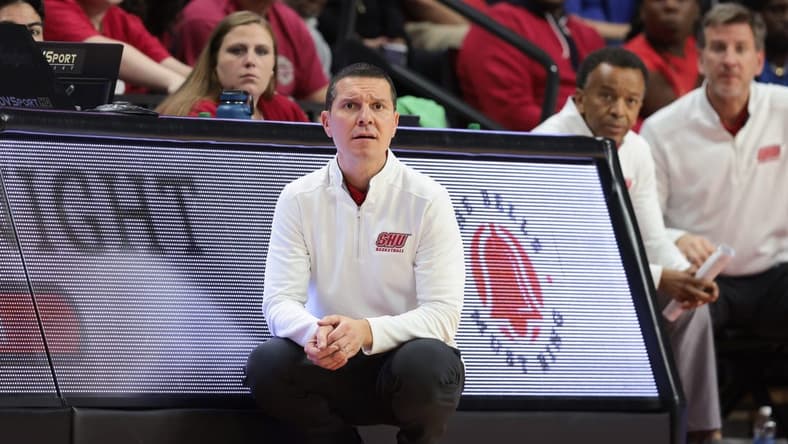 Nov 10, 2022; Piscataway, New Jersey, USA; Sacred Heart Pioneers head coach Anthony Latina looks on during the first half against the Rutgers Scarlet Knights at Jersey Mike's Arena. Mandatory Credit: Vincent Carchietta-USA TODAY Sports