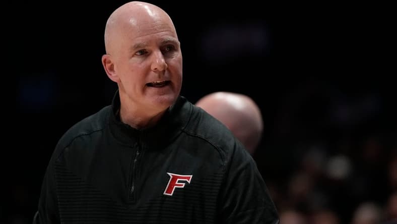 Fairfield Stags head coach Jay Young walks the sideline in the first half of the NCAA basketball game between the Xavier Musketeers and the Fairfield Stags at the Cintas Center in Cincinnati on Tuesday, Nov. 15, 2022.

Fairfield Stags At Xavier Musketeers Basketball