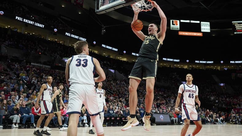 Purdue center Zach Edey (15) is back to carry the Boilermakers against a rugged schedule, which includes a return date with Gonzaga in November. Mandatory Credit: Troy Wayrynen-USA TODAY Sports