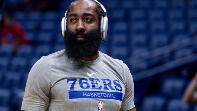 Dec 30, 2022; New Orleans, Louisiana, USA; Philadelphia 76ers guard James Harden (1) during warm ups before the game against the New Orleans Pelicans at Smoothie King Center. Mandatory Credit: Stephen Lew-USA TODAY Sports