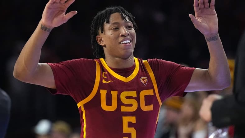 Jan 26, 2023; Los Angeles, California, USA; Southern California Trojans guard Boogie Ellis (5) celebrates in the second half against the UCLA Bruins at Galen Center. Mandatory Credit: Kirby Lee-USA TODAY Sports
