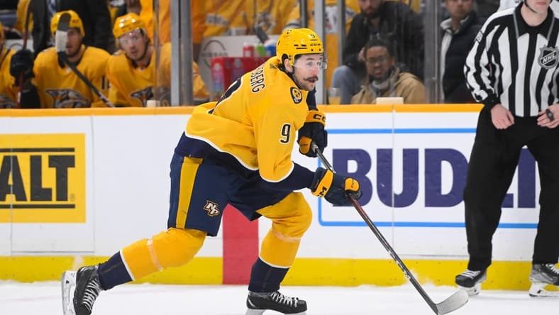 Jan 24, 2023; Nashville, Tennessee, USA; Nashville Predators left wing Filip Forsberg (9) skates against the Winnipeg Jets during the third period at Bridgestone Arena. Mandatory Credit: Steve Roberts-USA TODAY Sports