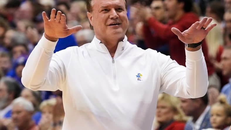 Jan 31, 2023; Lawrence, Kansas, USA; Kansas Jayhawks head coach Bill Self reacts during the first half against the Kansas State Wildcats at Allen Fieldhouse. Mandatory Credit: Jay Biggerstaff-USA TODAY Sports