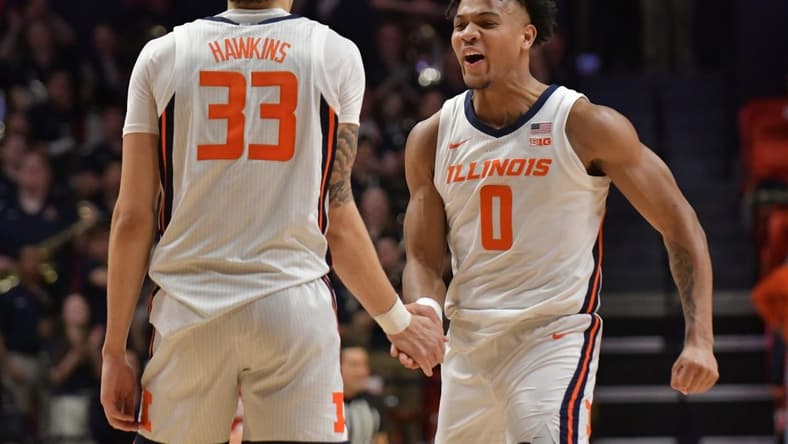 Returning starters for the No. 25 Illinois Fighting Illini, forward Coleman Hawkins (33) and Terrence Shannon Jr. (0) expect big things this season. Mandatory Credit: Ron Johnson-USA TODAY Sports