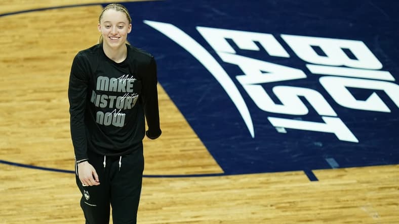 Feb 15, 2023; Storrs, Connecticut, USA; UConn Huskies guard Paige Bueckers (5) on the court as her team warms up before the start of the game the Creighton Bluejays at Harry A. Gampel Pavilion. Mandatory Credit: David Butler II-USA TODAY Sports