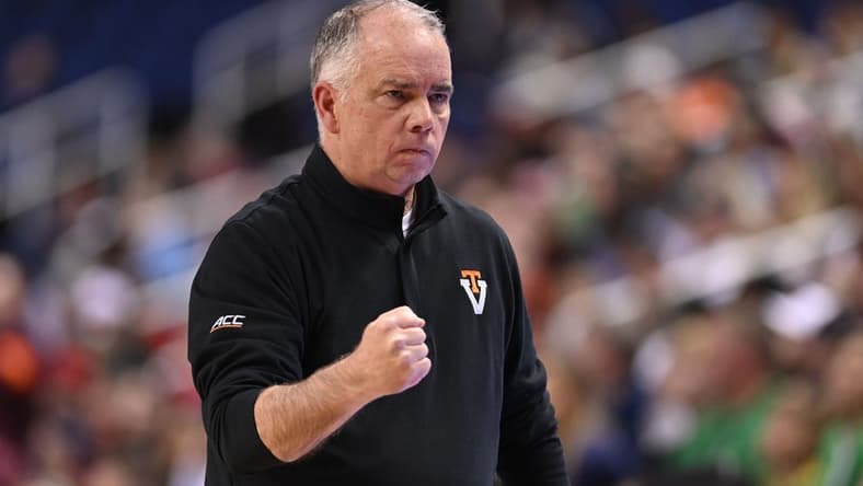 Mar 7, 2023; Greensboro, NC, USA; Virginia Tech Hokies head coach Mike Young reacts in the first half at Greensboro Coliseum. Mandatory Credit: Bob Donnan-USA TODAY Sports