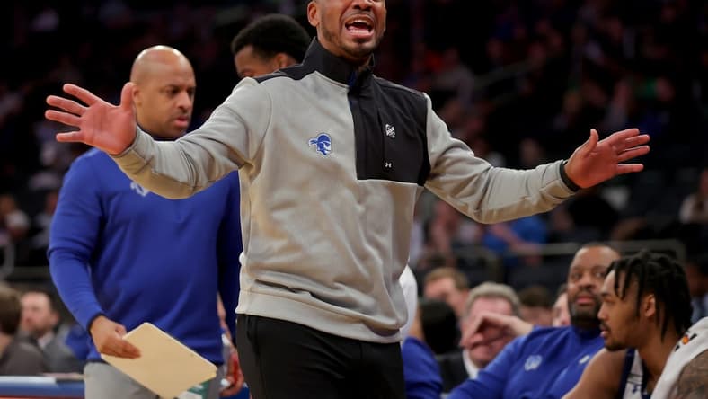 Mar 8, 2023; New York, NY, USA; Seton Hall Pirates head coach Shaheen Holloway coaches against the DePaul Blue Demons during the first half at Madison Square Garden. Mandatory Credit: Brad Penner-USA TODAY Sports