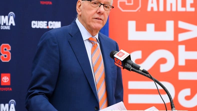 Mar 10, 2023; Syracuse, New York, USA; Former Syracuse Orange head coach Jim Boeheim speaks during a press conference at the Carmelo K. Anthony Basketball Center. Mandatory Credit: Rich Barnes-USA TODAY Sports