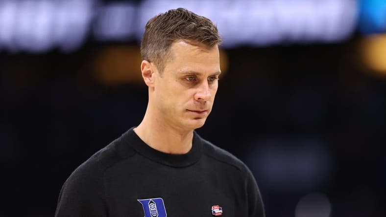 Mar 18, 2023; Orlando, FL, USA;  Duke Blue Devils head coach Jon Scheyer reacts against the Tennessee Volunteers during the first half in the second round of the 2023 NCAA Tournament at Legacy Arena. Mandatory Credit: Matt Pendleton-USA TODAY Sports