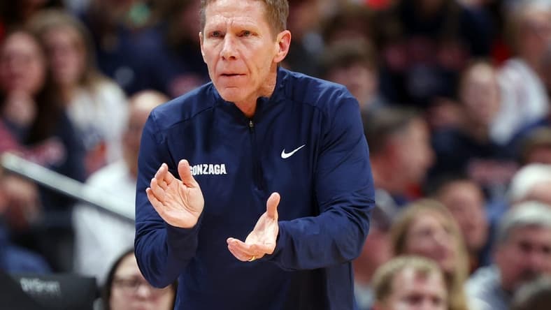 Mar 19, 2023; Denver, CO, USA; Gonzaga Bulldogs head coach Mark Few reacts in the first half against the TCU Horned Frogs at Ball Arena. Mandatory Credit: Michael Ciaglo-USA TODAY Sports